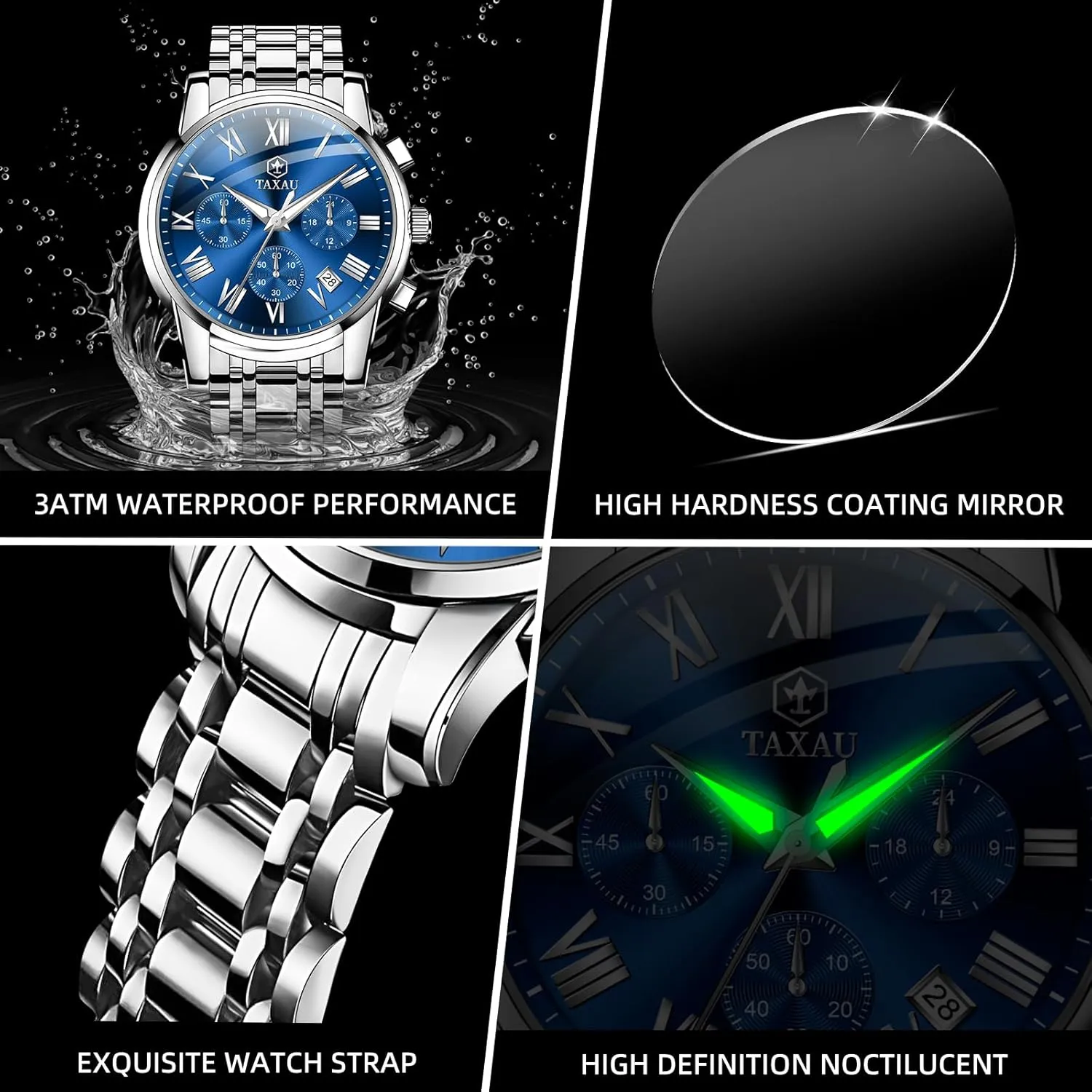 Roman Number Luminous reloj para Hombre Men Watches Dress Waterproof Luxury Watch for Men Chronograph Watch Big Face Stainless Steel Analog Quartz Men's Wrist Watches with Date intercommunity Multi-Function 