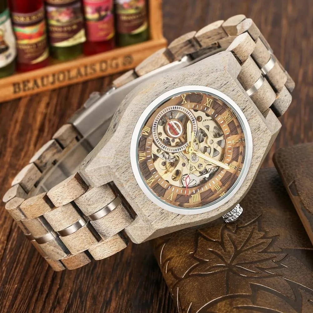 Roman Numerals Display Stainless Steel Skeleton Self Winding Wristwatches Wooden hill outline bitterness inferior Automatic Mechanical Men Watches 