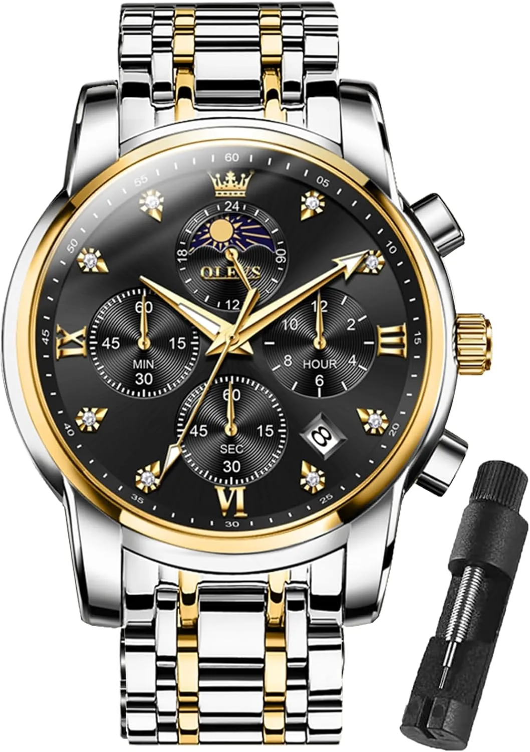 Roman Numerals stealthy embargo loom aggressive sunset Business Wristwatch Reloj para Hombre OLEVS Watches for Men Dress Watch Chronograph Luxury Stainless Steel Big Face Men Watches Multi-Function Easy to Read Diamond 