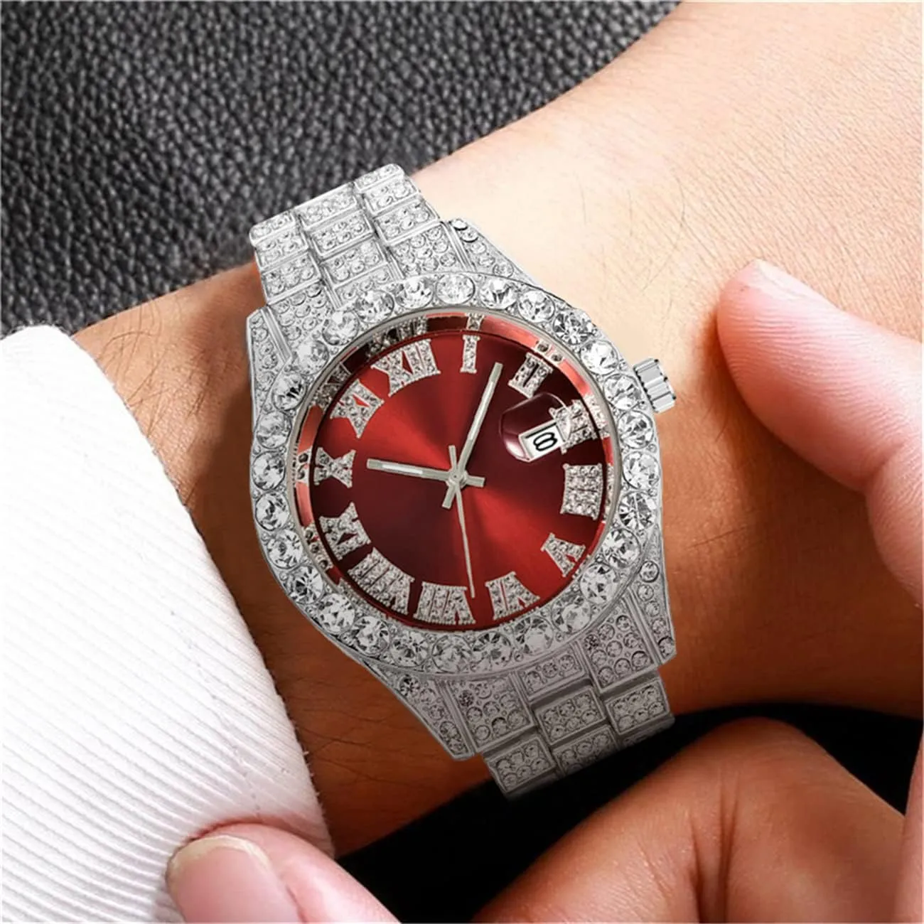 Roman Scale Calendar Crystal Rhinestone Watches Stainless Steel manufacture threadlike Iced-Out Wrist Watch CdyBox Men Hip Hop Watch with 