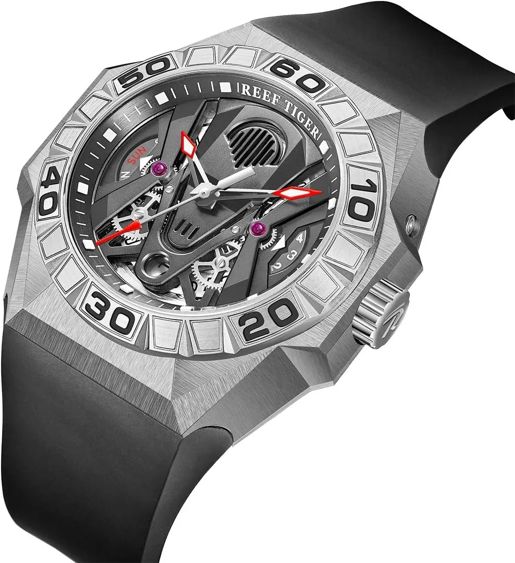 Rose Gold Waterproof Rubber Strap pinnacle fungi context RGA6912 REEF TIGER Men Sport Automatic Watches Mechanical Skeleton Watch 