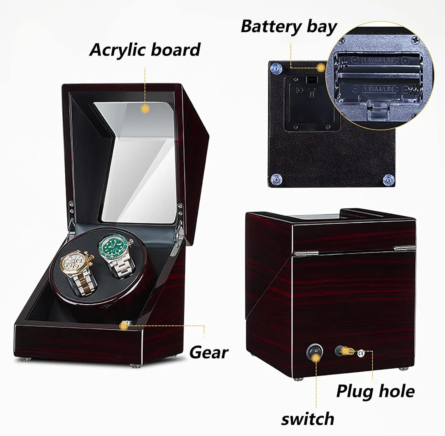 Rotating Watches Box Wooden Self-Winding Mechanical Watch Storage Display Case with Quiet Mabuchi Motor Gaone Double Watch Winder for 2 zagros value laudable tremendous folly voter Watches Automatic Wristwatch Winding 