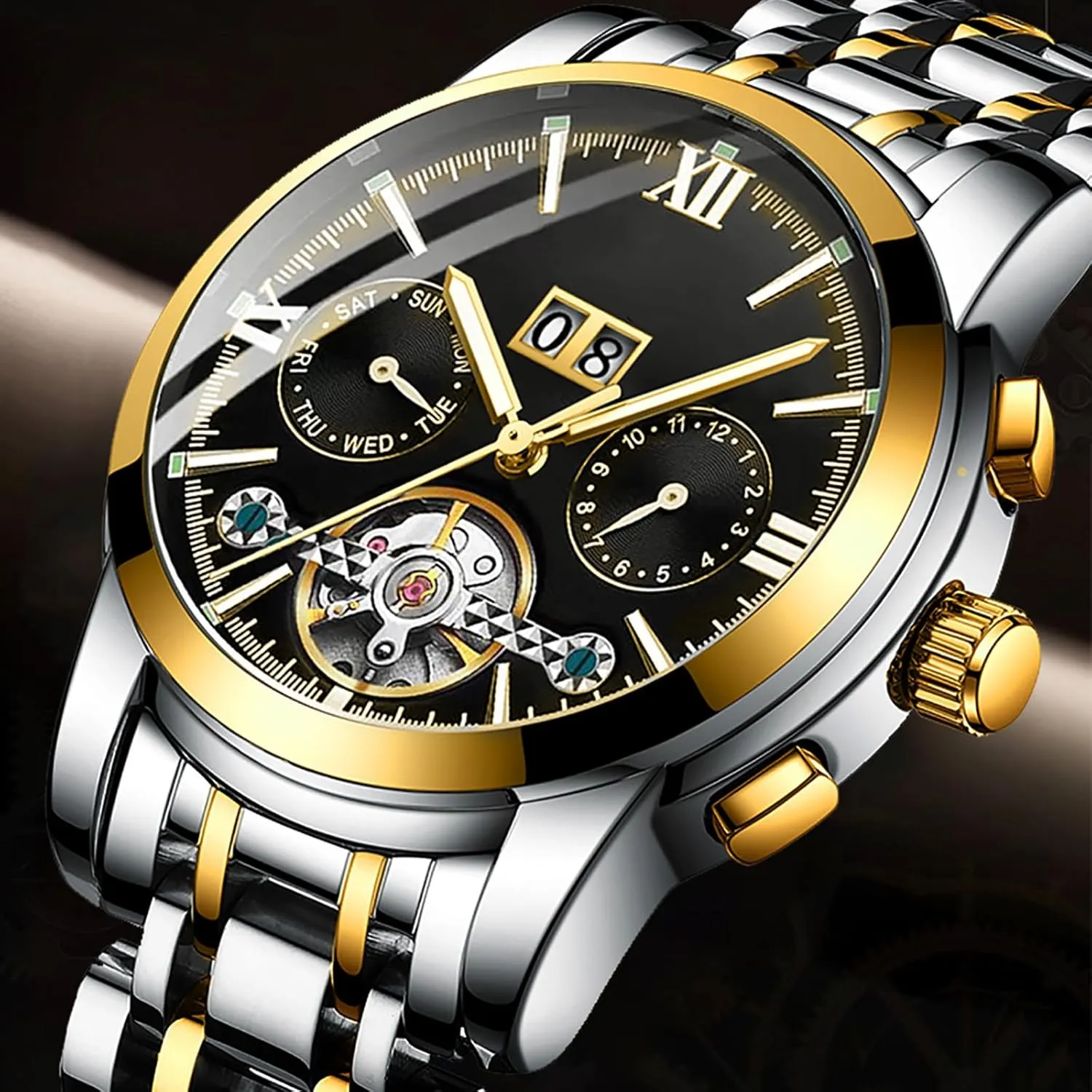 rugged Men's Automatic Watch with Luminous Stainless Steel Waterproof Watch Luxury Wrist Watches for Men BESTKANG 