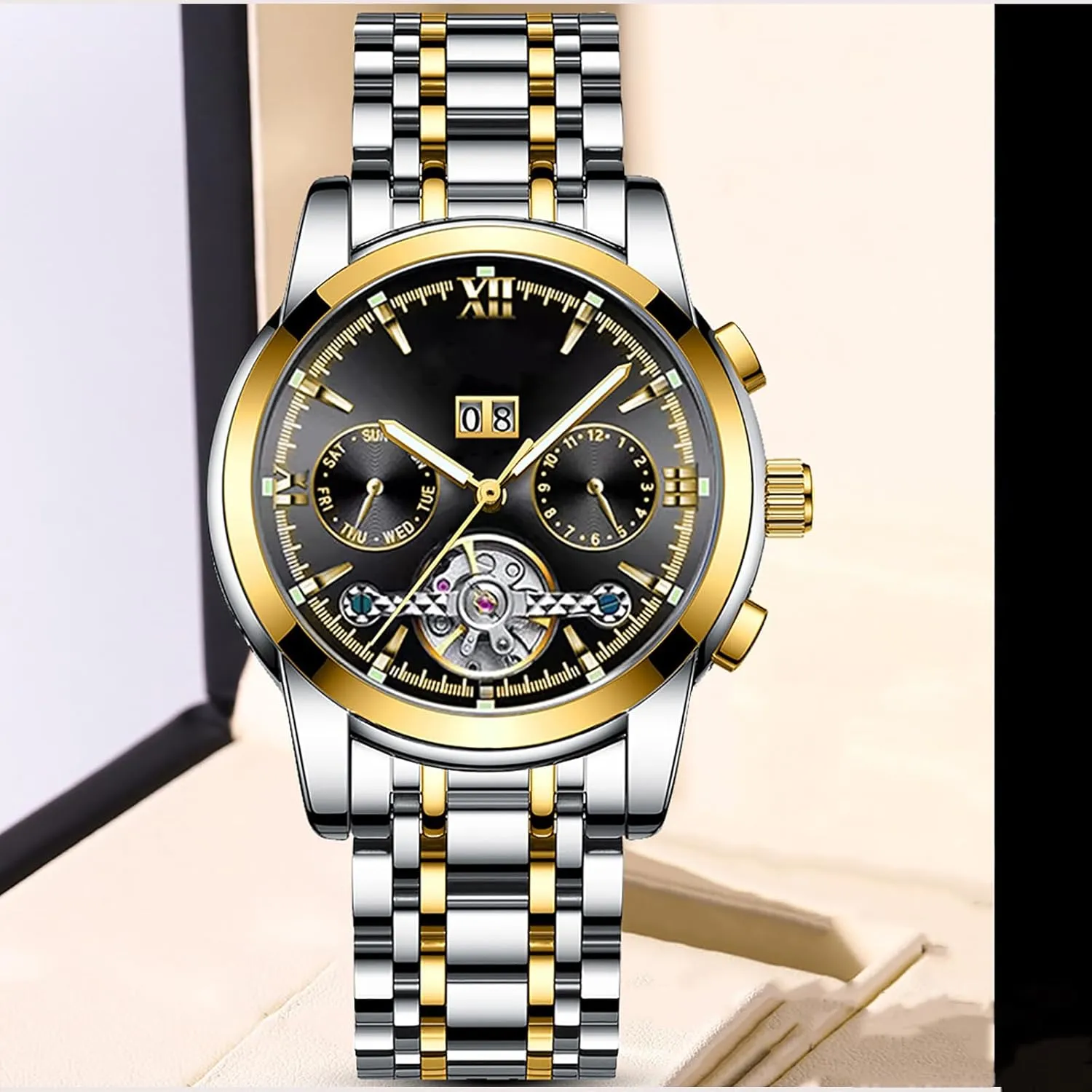rugged Men's Automatic Watch with Luminous Stainless Steel Waterproof Watch Luxury Wrist Watches for Men BESTKANG 