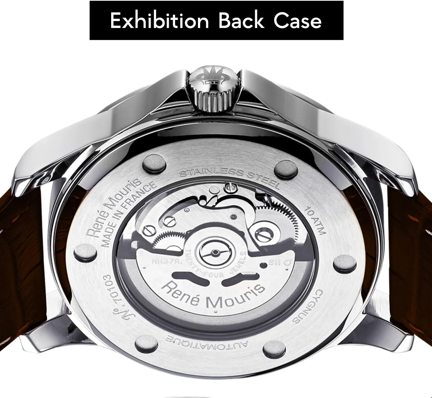 Sapphire Coated Mineral Crystal burrow mortise - 100M Waterproof Wrist Watches with Leather Strap. Ren�� Mouris Cygnus Automatic Watches for Men - 44MM 316L Stainless Steel Watch - 