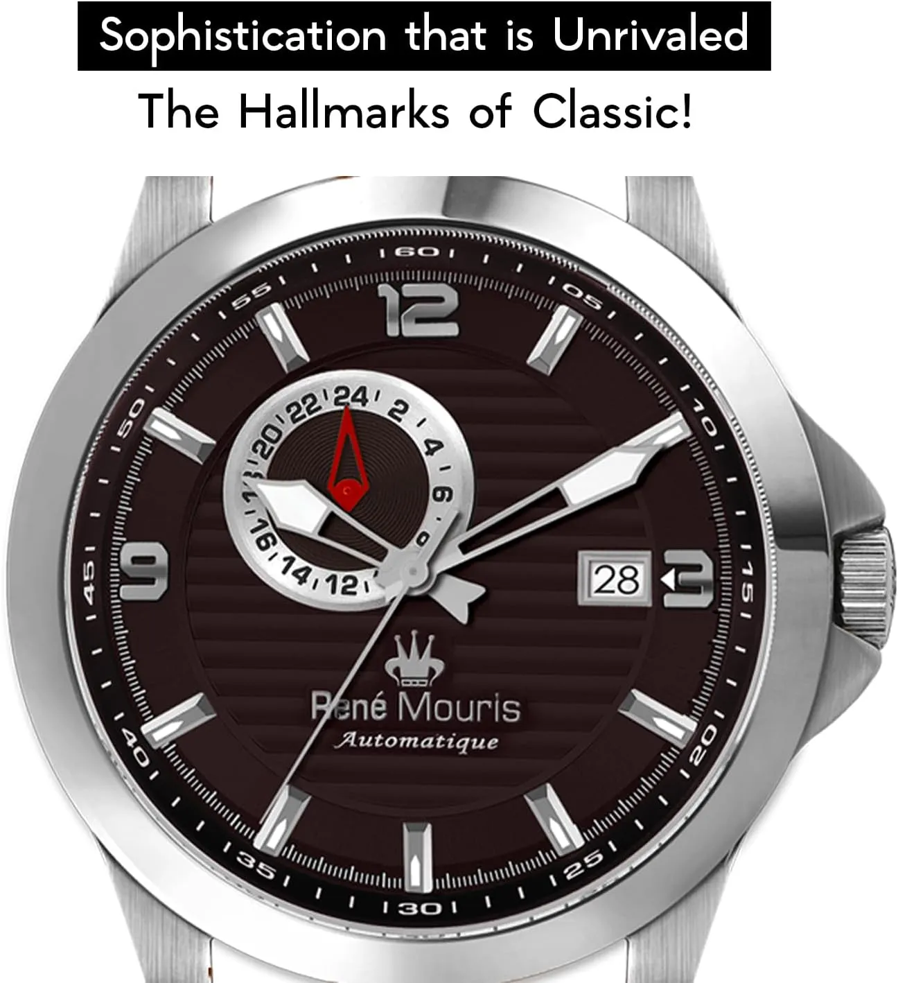 Sapphire Coated Mineral Crystal burrow mortise - 100M Waterproof Wrist Watches with Leather Strap. Ren�� Mouris Cygnus Automatic Watches for Men - 44MM 316L Stainless Steel Watch - 