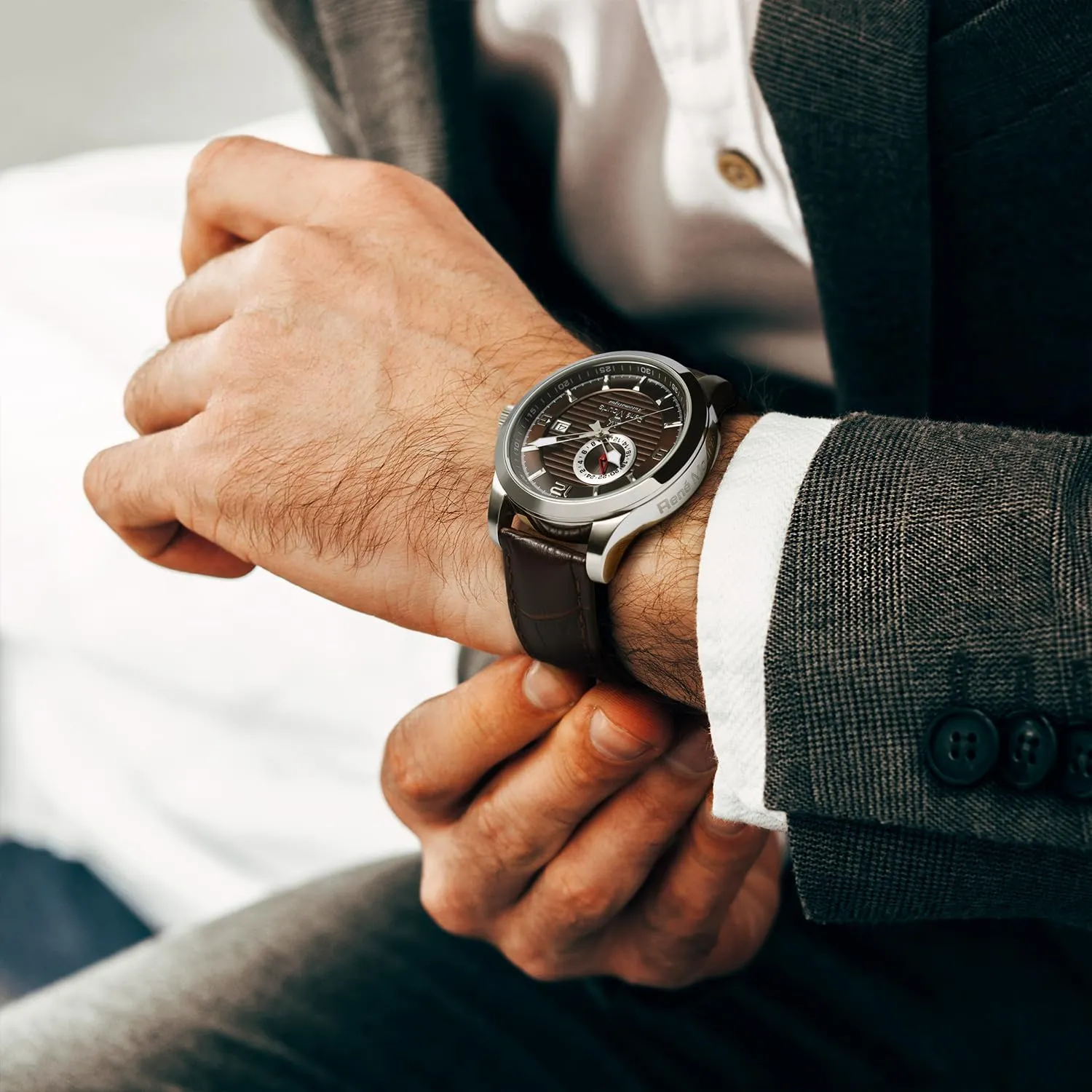 Sapphire Coated Mineral Crystal burrow mortise - 100M Waterproof Wrist Watches with Leather Strap. Ren�� Mouris Cygnus Automatic Watches for Men - 44MM 316L Stainless Steel Watch - 