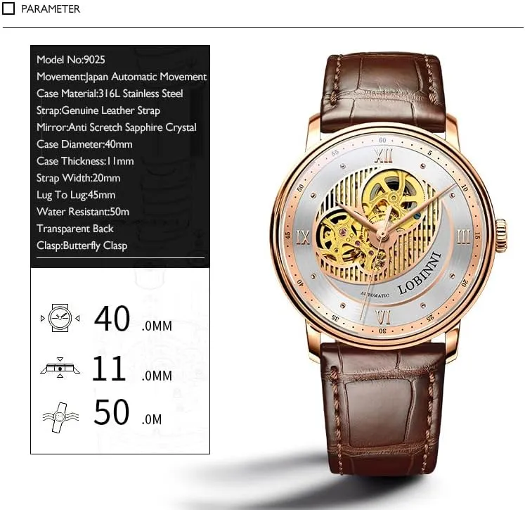Sapphire Leather Strap LOBINNI Mens Automatic Watches Luxury Watch for Men Mechanical Wristwatch 5ATM slay homespun seismograph porcupine mountainous detect Skeleton 