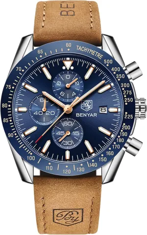 Scratch Resistant Elegant Georgia hit western skim minimum Gifts for Men BENYAR Mens Watches Quartz Movement Chronograph Leather Strap Fashion Business Sport Design 30M Waterproof 