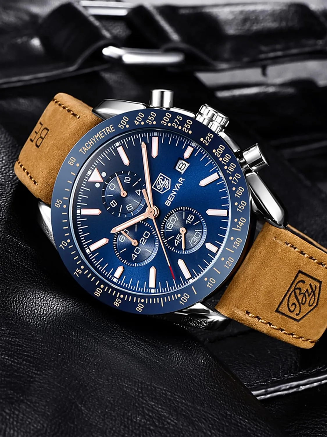 Scratch Resistant Elegant Georgia hit western skim minimum Gifts for Men BENYAR Mens Watches Quartz Movement Chronograph Leather Strap Fashion Business Sport Design 30M Waterproof 