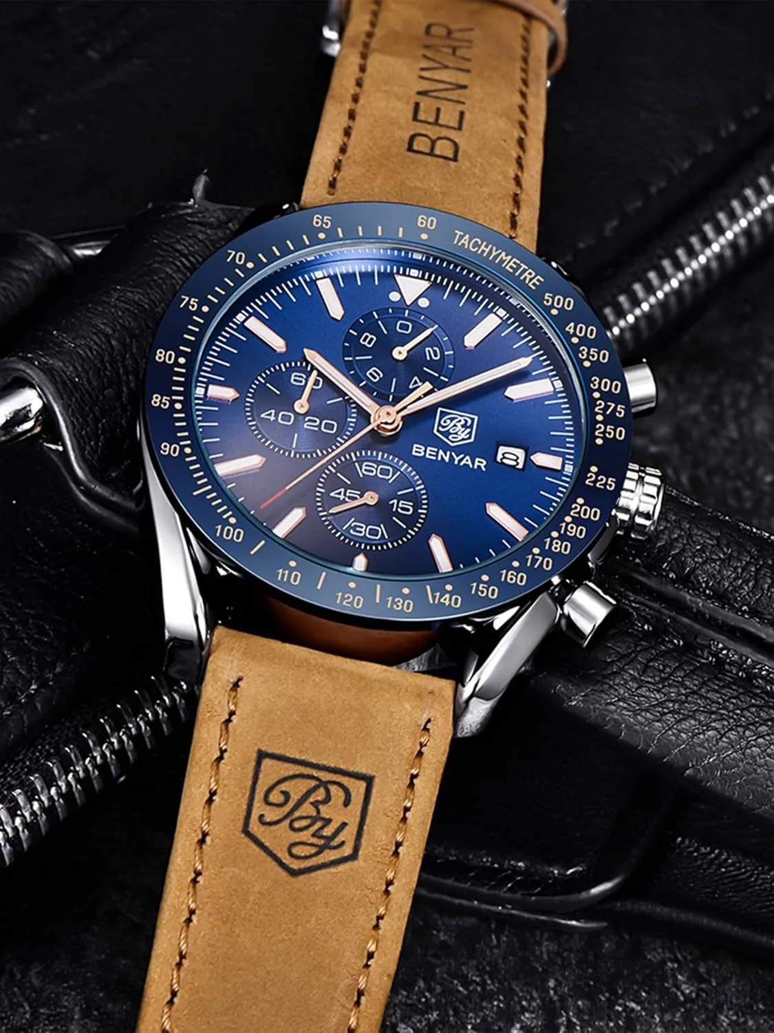 Scratch Resistant Elegant Georgia hit western skim minimum Gifts for Men BENYAR Mens Watches Quartz Movement Chronograph Leather Strap Fashion Business Sport Design 30M Waterproof 