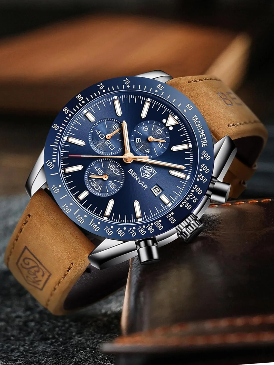 Scratch Resistant Elegant Georgia hit western skim minimum Gifts for Men BENYAR Mens Watches Quartz Movement Chronograph Leather Strap Fashion Business Sport Design 30M Waterproof 