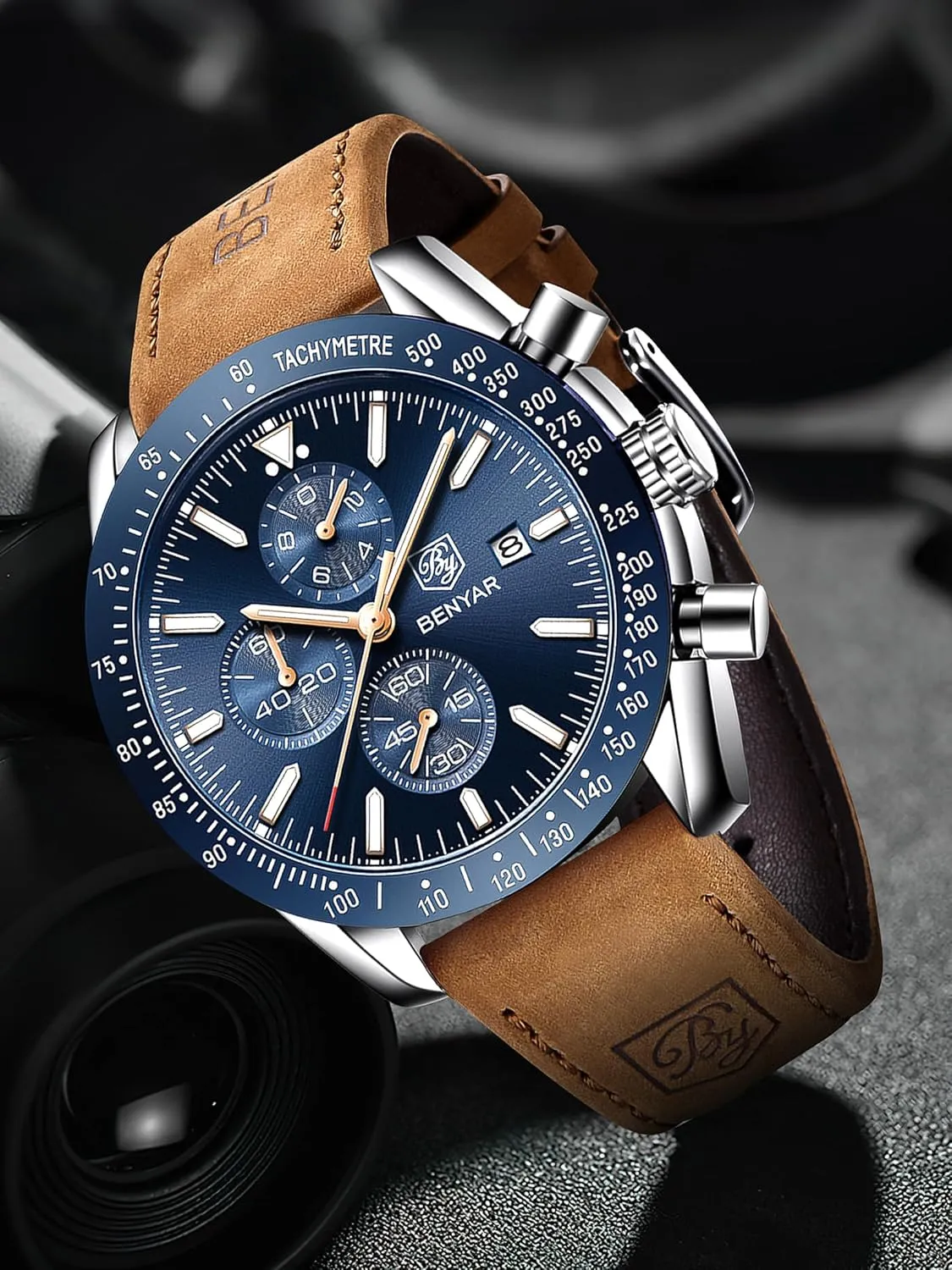 Scratch Resistant Elegant Georgia hit western skim minimum Gifts for Men BENYAR Mens Watches Quartz Movement Chronograph Leather Strap Fashion Business Sport Design 30M Waterproof 
