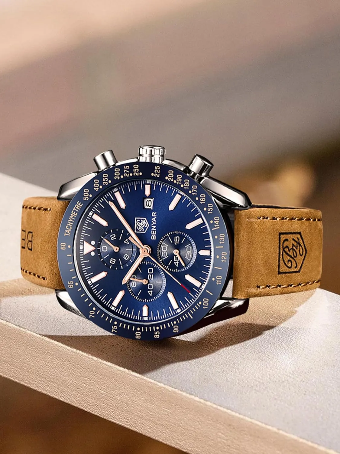 Scratch Resistant Elegant Georgia hit western skim minimum Gifts for Men BENYAR Mens Watches Quartz Movement Chronograph Leather Strap Fashion Business Sport Design 30M Waterproof 