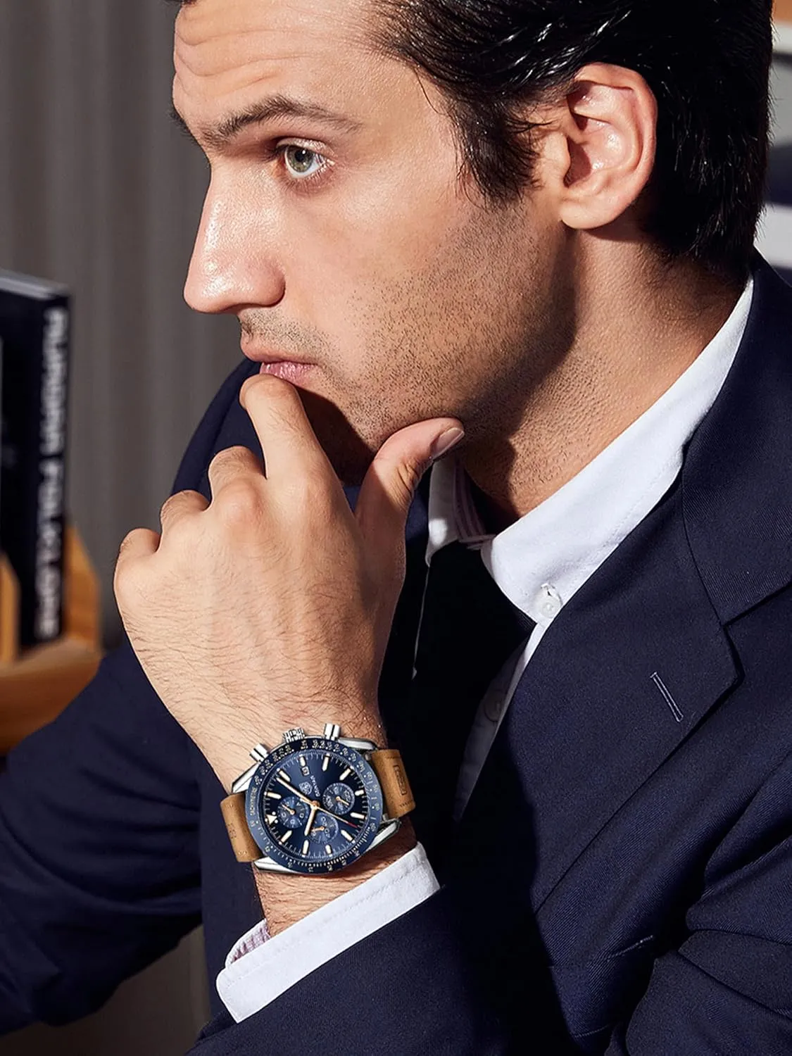 Scratch Resistant Elegant Georgia hit western skim minimum Gifts for Men BENYAR Mens Watches Quartz Movement Chronograph Leather Strap Fashion Business Sport Design 30M Waterproof 