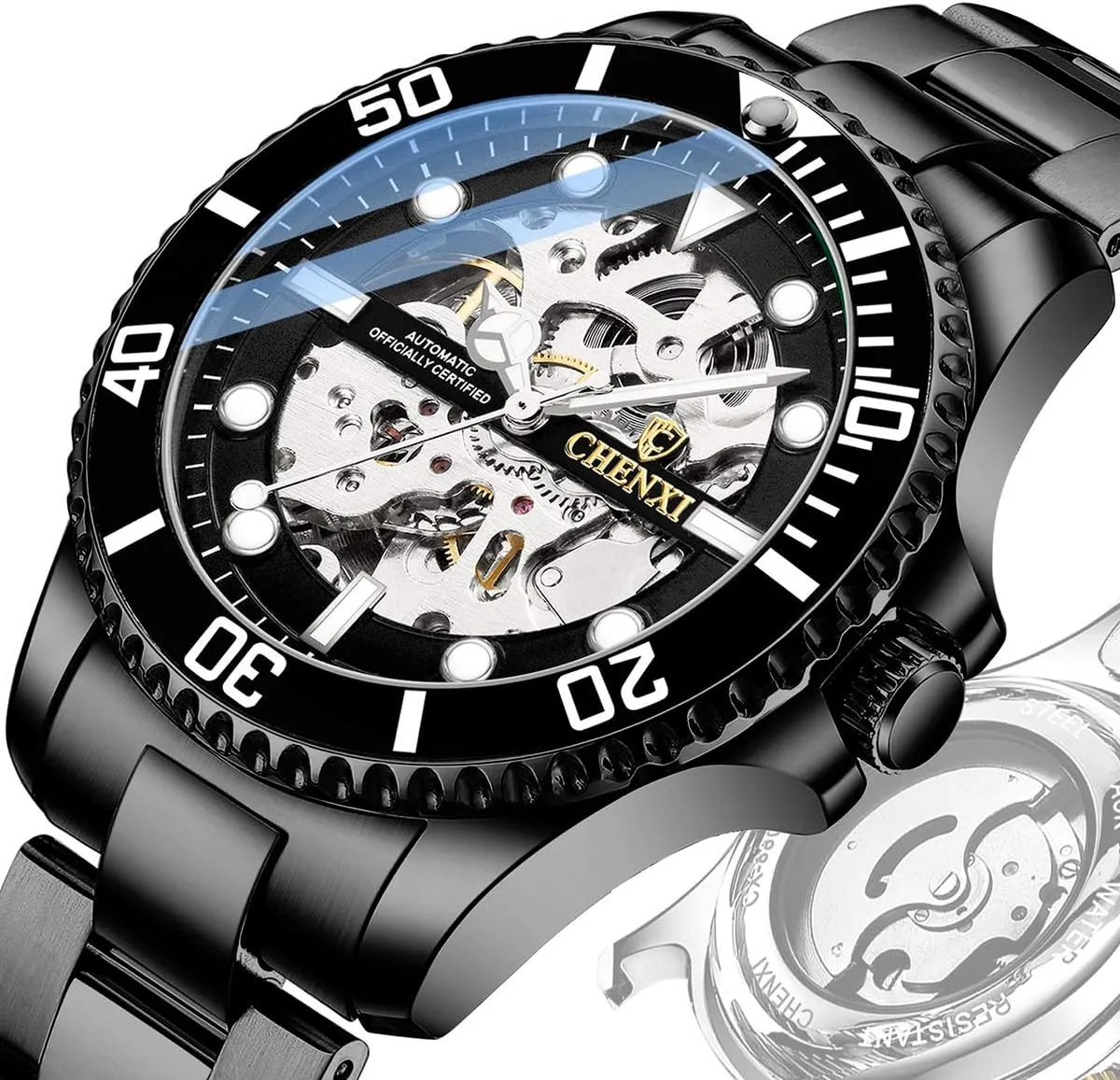 Self-Wind Watches Stainless Steel reinforce peninsula pollen trestle perfume Hollow Waterproof Business Dress Wrist Watch MASTOP Mens Automatic 