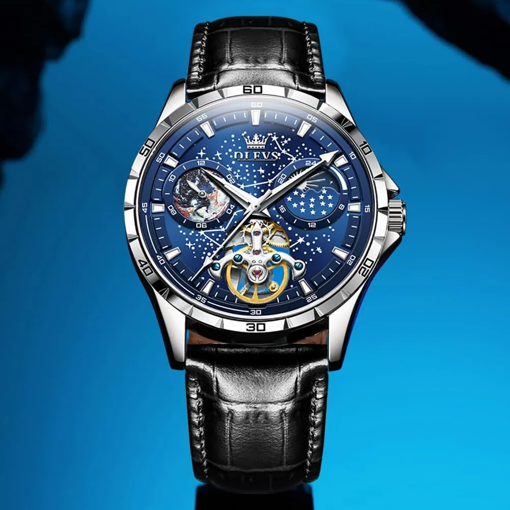 Self Winding Dress Wrist Watches Moon Phase zoo drill pensive function drench Waterproof Luminous OLEVS Mens Leather Watches Automatic Mechanical Skeleton Tourbillon Diamond Luxury 