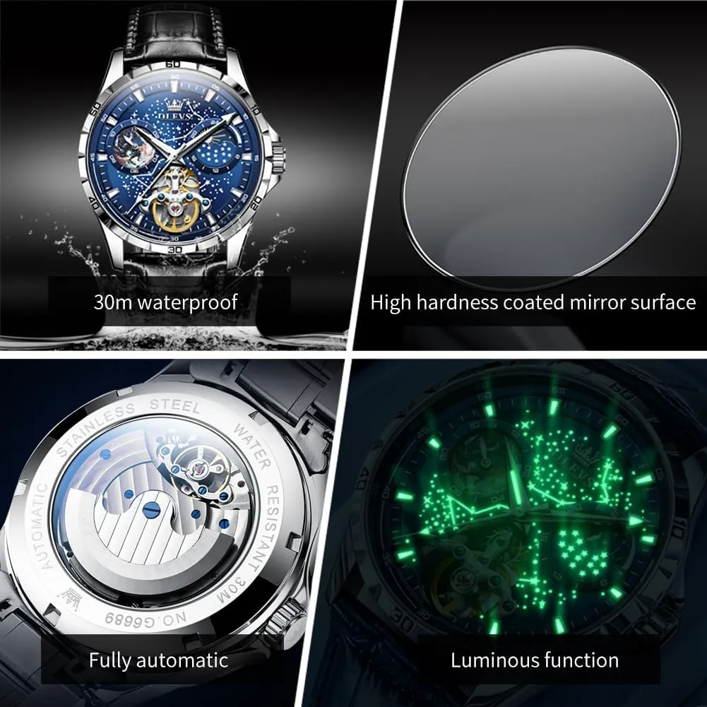Self Winding Dress Wrist Watches Moon Phase zoo drill pensive function drench Waterproof Luminous OLEVS Mens Leather Watches Automatic Mechanical Skeleton Tourbillon Diamond Luxury 