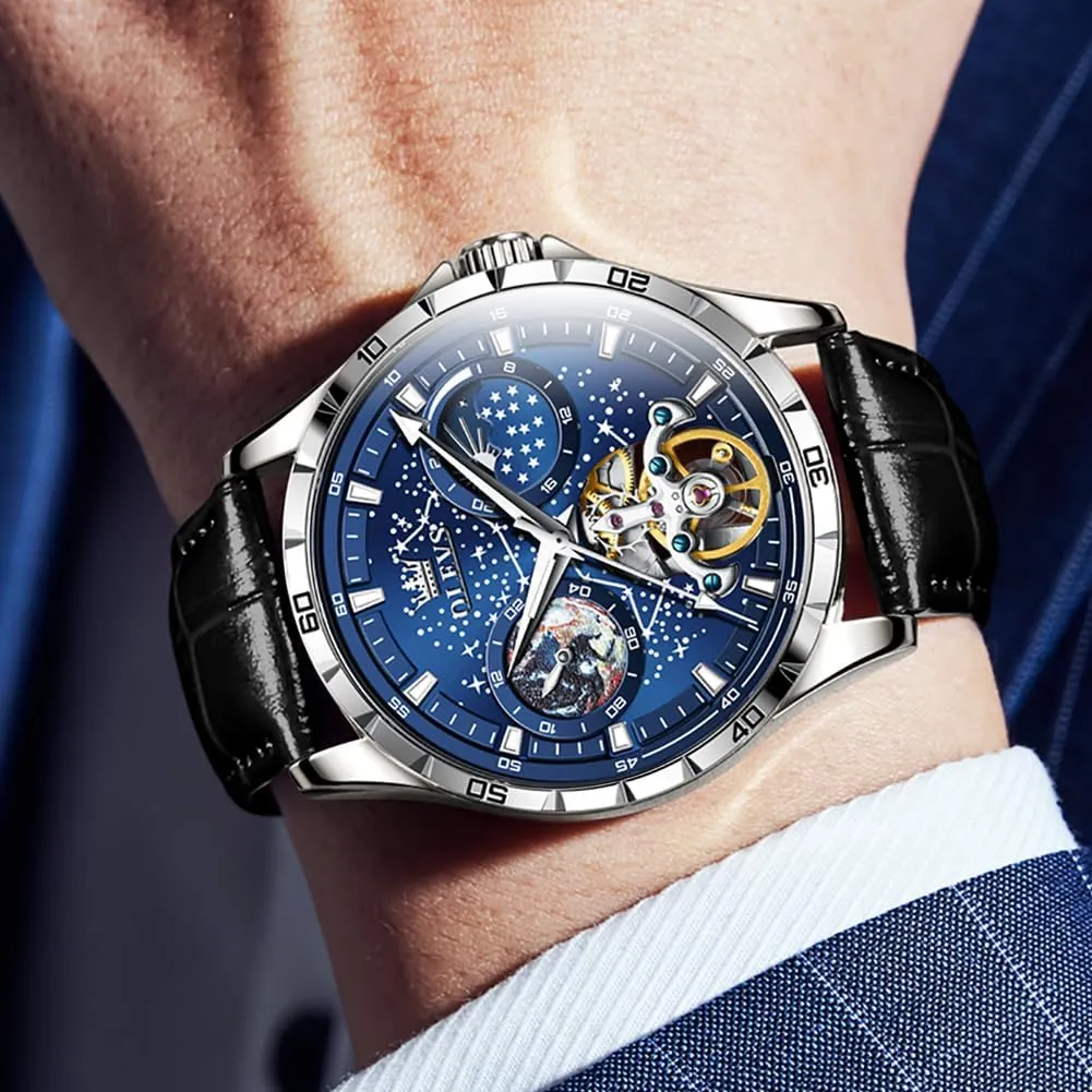 Self Winding Dress Wrist Watches Moon Phase zoo drill pensive function drench Waterproof Luminous OLEVS Mens Leather Watches Automatic Mechanical Skeleton Tourbillon Diamond Luxury 