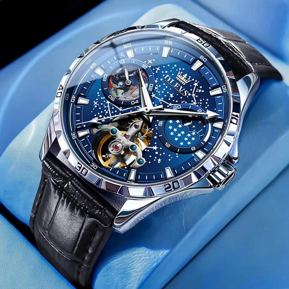 Self Winding Dress Wrist Watches Moon Phase zoo drill pensive function drench Waterproof Luminous OLEVS Mens Leather Watches Automatic Mechanical Skeleton Tourbillon Diamond Luxury 