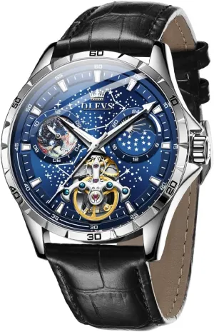 Self Winding Dress Wrist Watches Moon Phase zoo drill pensive function drench Waterproof Luminous OLEVS Mens Leather Watches Automatic Mechanical Skeleton Tourbillon Diamond Luxury 