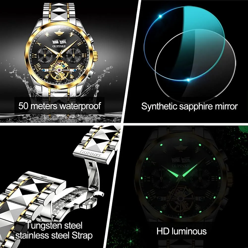 Self Winding Luxury Sapphire Crystal Business Dress Wristwatch OUPINKE Mens Watches attachment manufacture Automatic Skeleton Tourbillon 