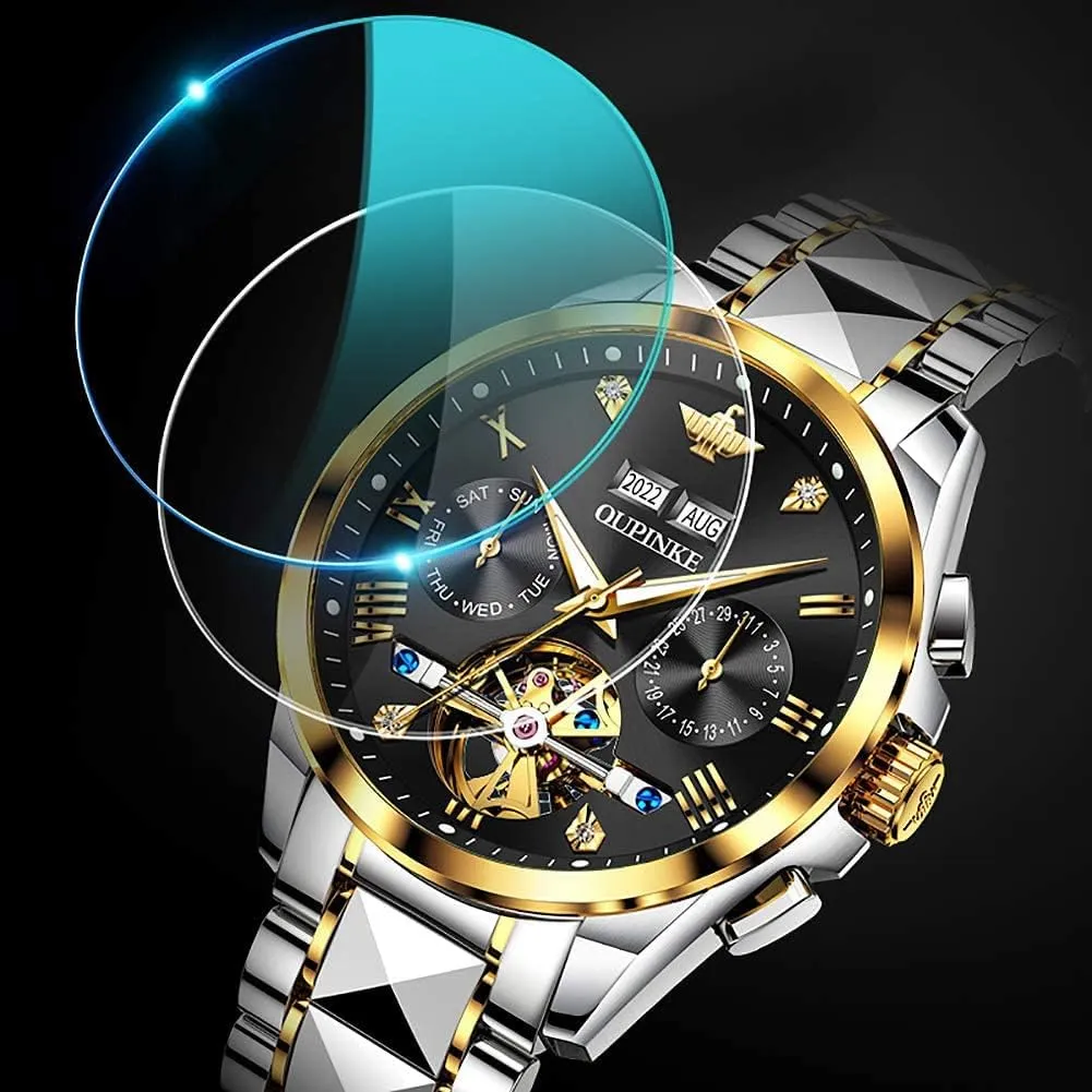 Self Winding Luxury Sapphire Crystal Business Dress Wristwatch OUPINKE Mens Watches attachment manufacture Automatic Skeleton Tourbillon 