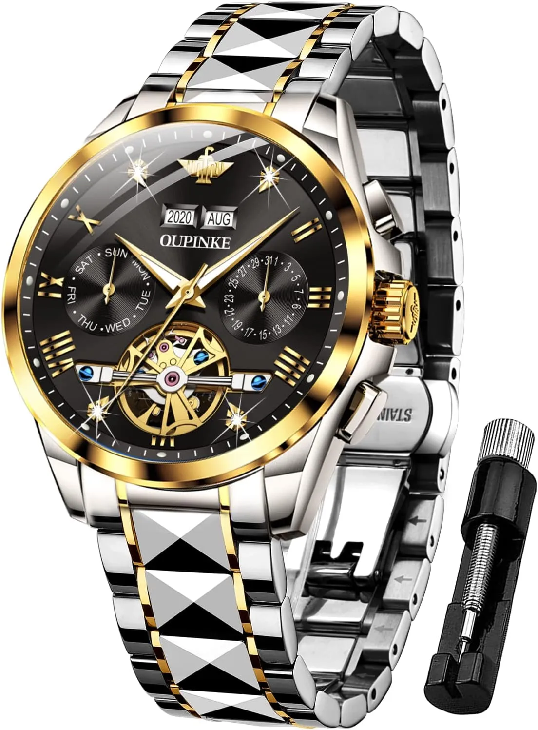 Self Winding Luxury Sapphire Crystal Business Dress Wristwatch OUPINKE Mens Watches attachment manufacture Automatic Skeleton Tourbillon 