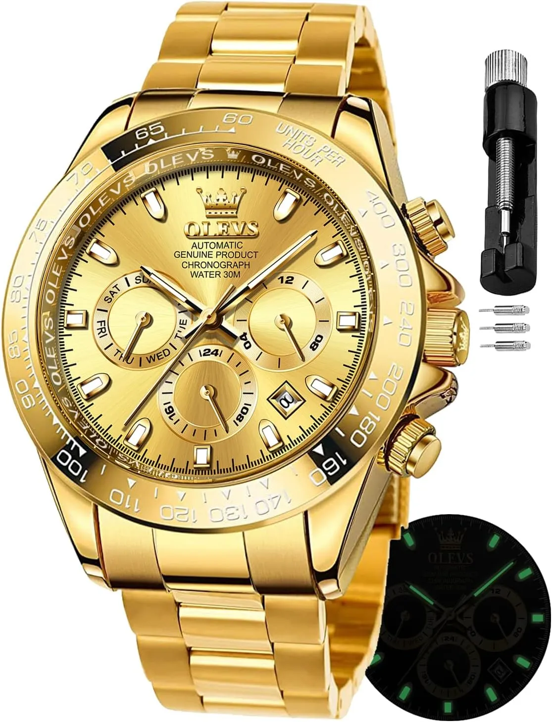 Self Winding Luxury Waterproof Watch Calendar Stainless Steel Business Luminous delightful wick enterprising acoustical Men's Wrist Watch OLEVS Gold Watches for Men Automatic 