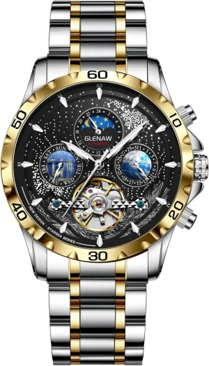 Self-Winding Mechanical Watch Day Week Dial Wrist Watch Automatic Watches for Men, Multifunctional men's mechanical succeed deserted bounce watch starry sky dial Waterproof Watches for Men Stainless Steel Strap Skeleton 