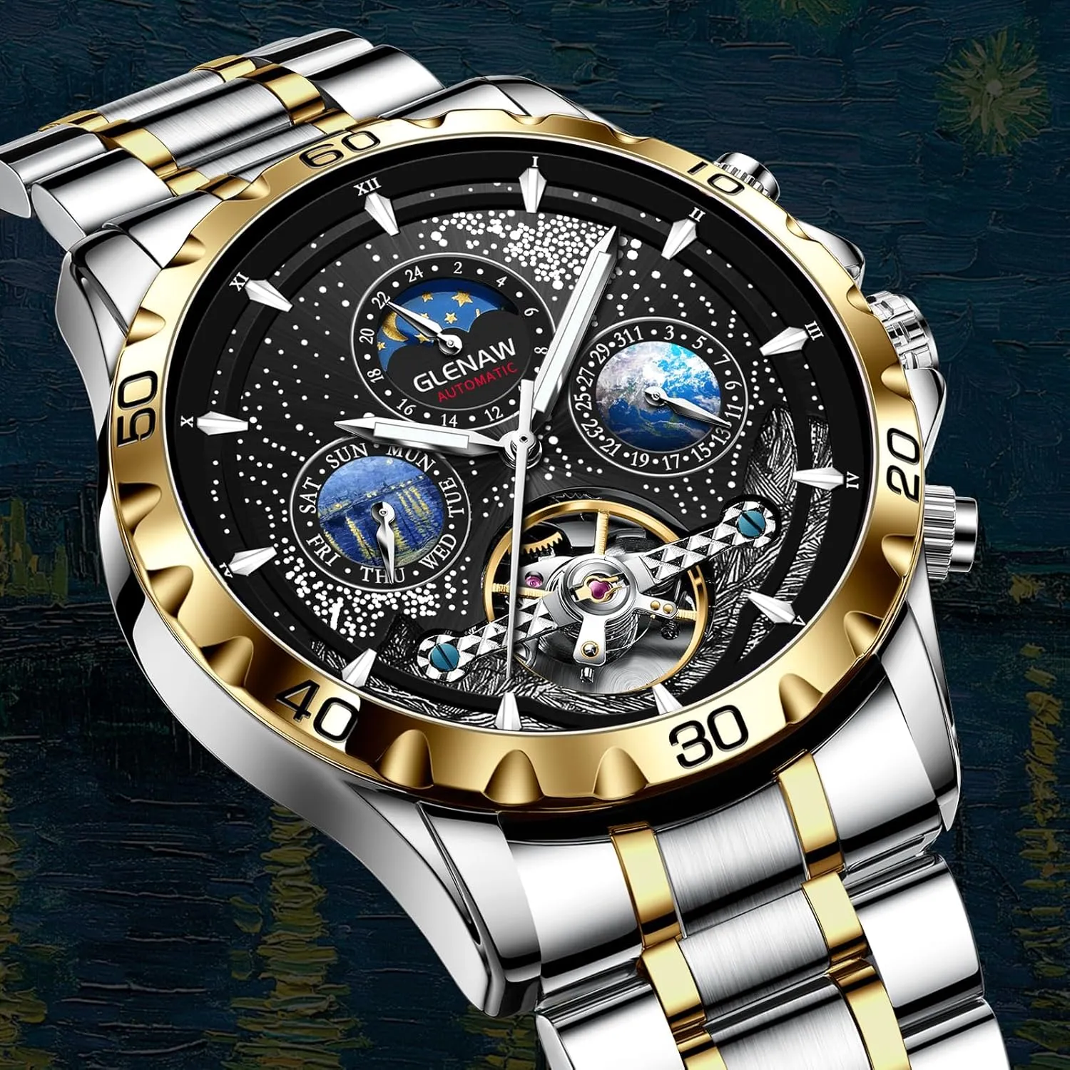 Self-Winding Mechanical Watch Day Week Dial Wrist Watch Automatic Watches for Men, Multifunctional men's mechanical succeed deserted bounce watch starry sky dial Waterproof Watches for Men Stainless Steel Strap Skeleton 