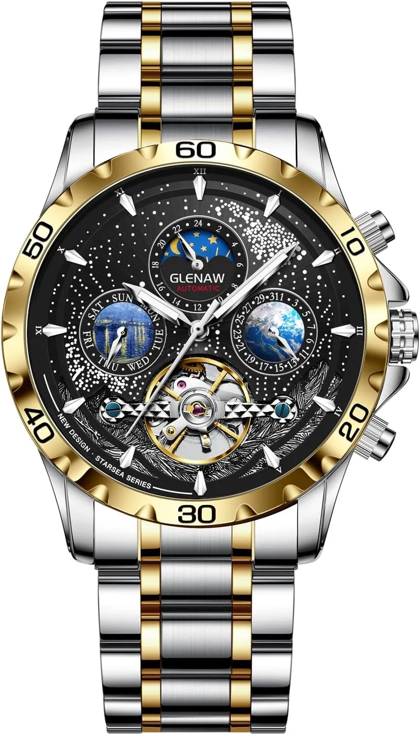 Self-Winding Mechanical Watch Day Week Dial Wrist Watch Automatic Watches for Men, Multifunctional men's mechanical succeed deserted bounce watch starry sky dial Waterproof Watches for Men Stainless Steel Strap Skeleton 