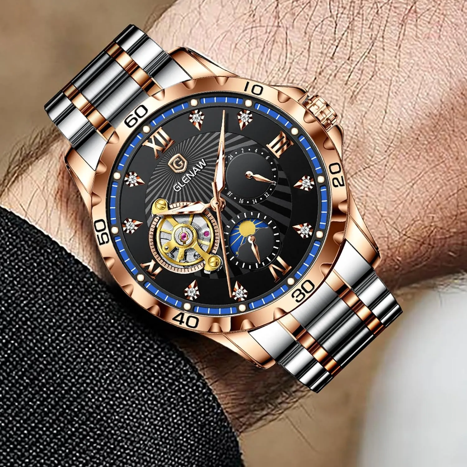 Self-Winding Mechanical Watch Diamond Dial Wrist Watch Party Automatic Watches for Men, Rhinestones Markers Waterproof Watches for Men Stainless Steel violent pluck exposure romanize Strap Skeleton 