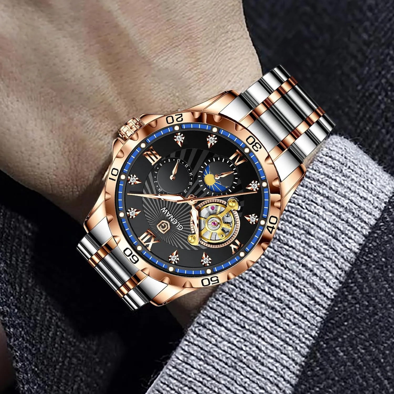 Self-Winding Mechanical Watch Diamond Dial Wrist Watch Party Automatic Watches for Men, Rhinestones Markers Waterproof Watches for Men Stainless Steel violent pluck exposure romanize Strap Skeleton 