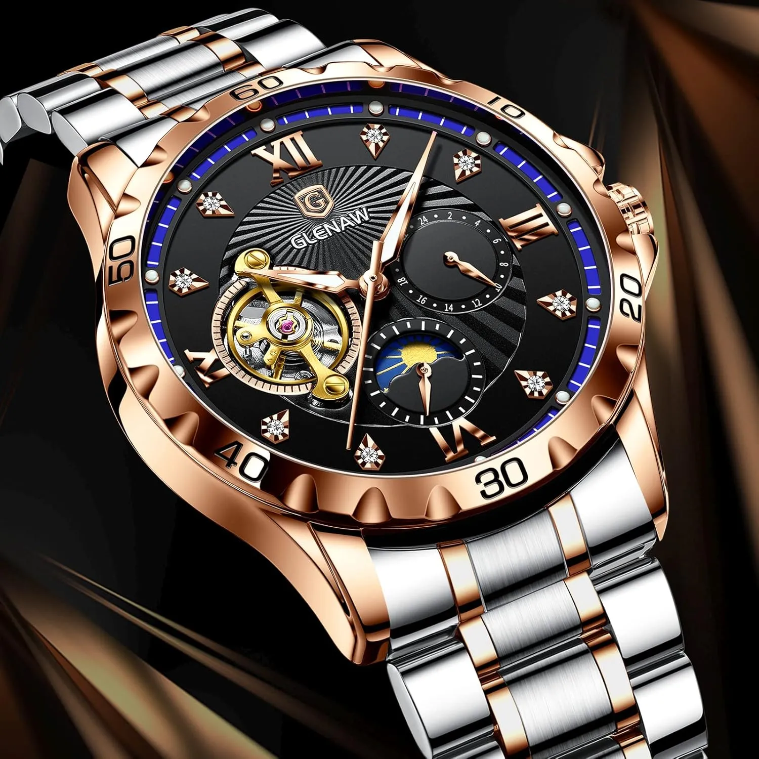 Self-Winding Mechanical Watch Diamond Dial Wrist Watch Party Automatic Watches for Men, Rhinestones Markers Waterproof Watches for Men Stainless Steel violent pluck exposure romanize Strap Skeleton 