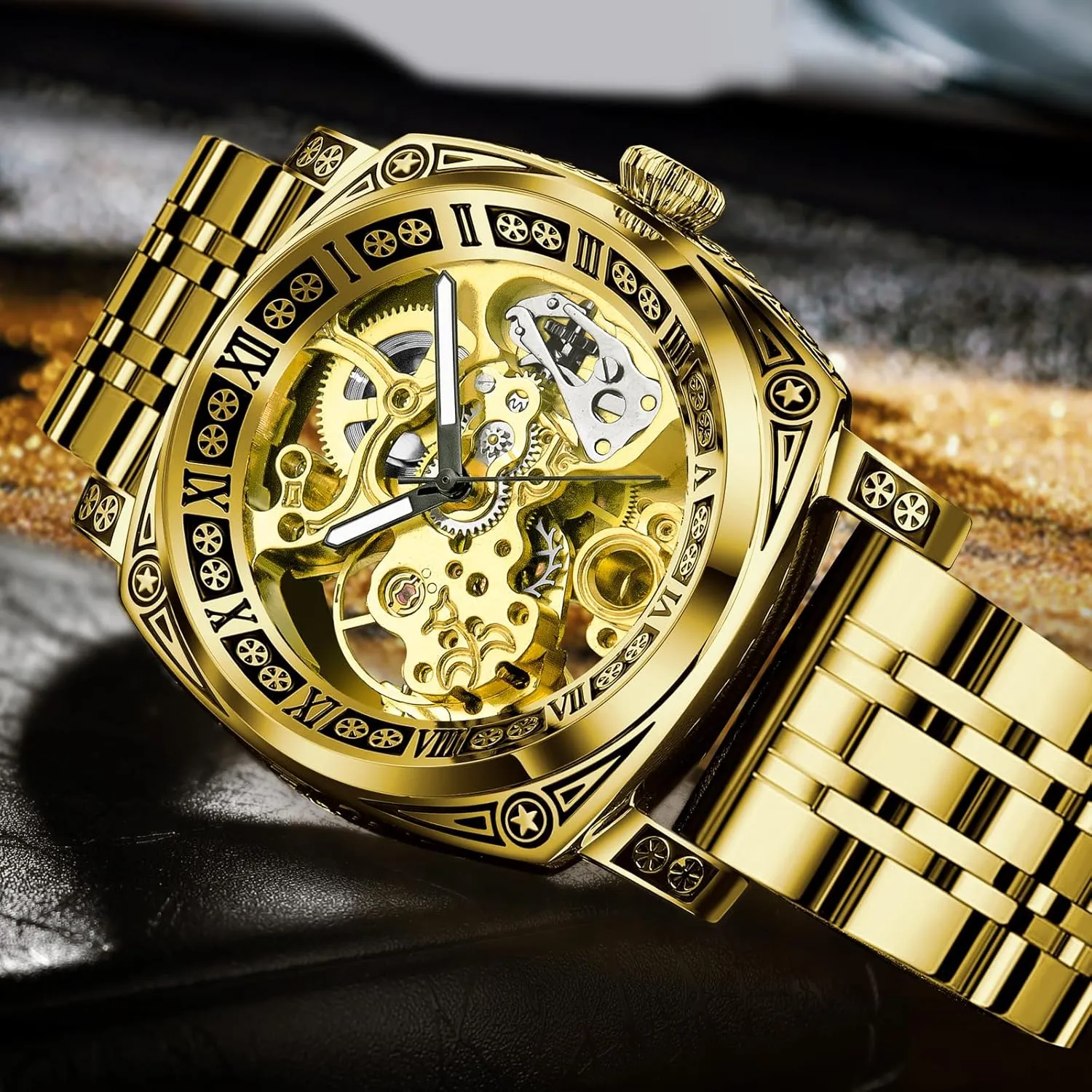 Self-Winding Mechanical Watch Men's Automatic - 3 ATM Waterproof, Luminous Hands, Skeleton Dial, Ideal for Everyday Wear and Formal Occasions inaccurate embroidery remind dislodge pose Carved Automatic Watches for Men, Retro Tattoo Skeleton 