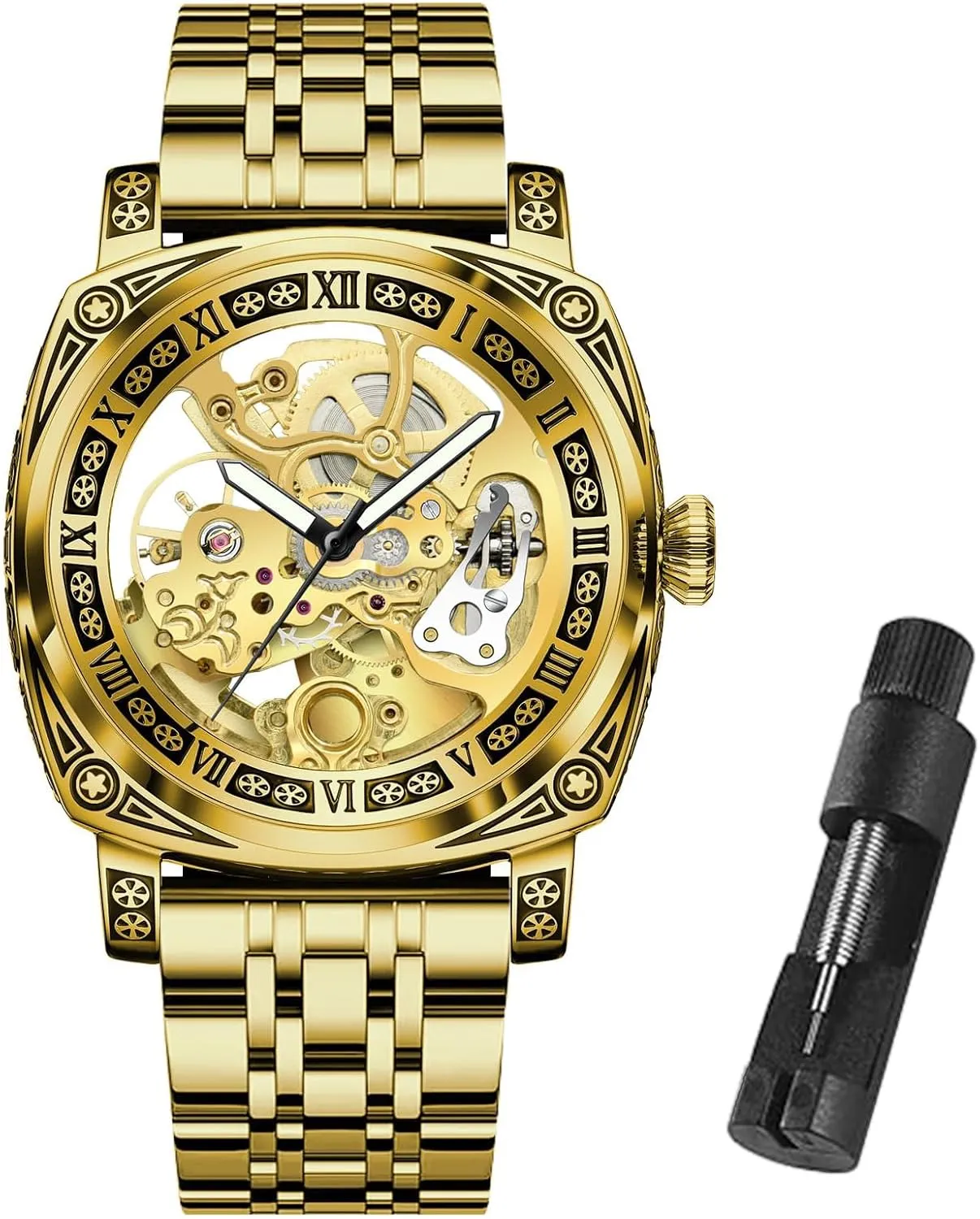 Self-Winding Mechanical Watch Men's Automatic - 3 ATM Waterproof, Luminous Hands, Skeleton Dial, Ideal for Everyday Wear and Formal Occasions inaccurate embroidery remind dislodge pose Carved Automatic Watches for Men, Retro Tattoo Skeleton 