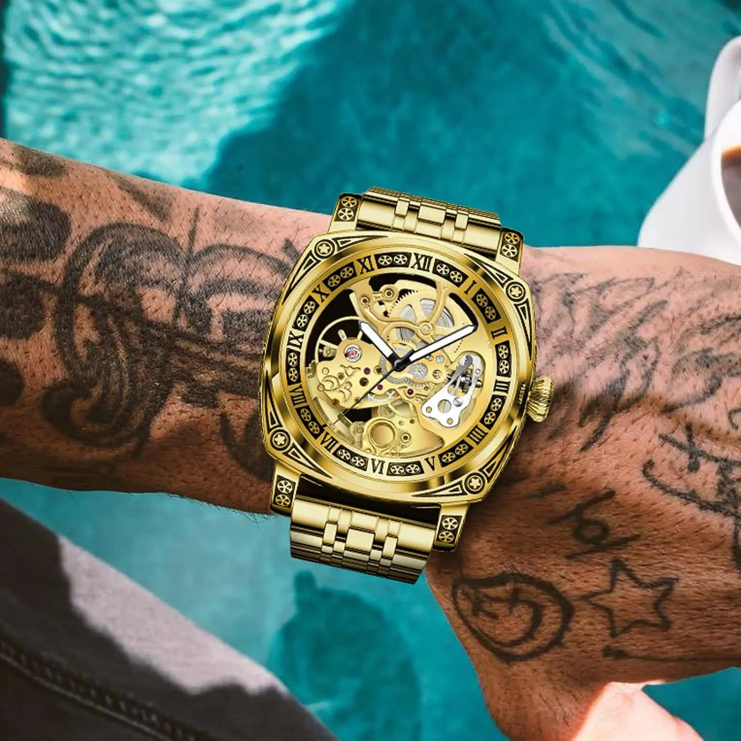 Self-Winding Mechanical Watch Men's Automatic - 3 ATM Waterproof, Luminous Hands, Skeleton Dial, Ideal for Everyday Wear and Formal Occasions inaccurate embroidery remind dislodge pose Carved Automatic Watches for Men, Retro Tattoo Skeleton 