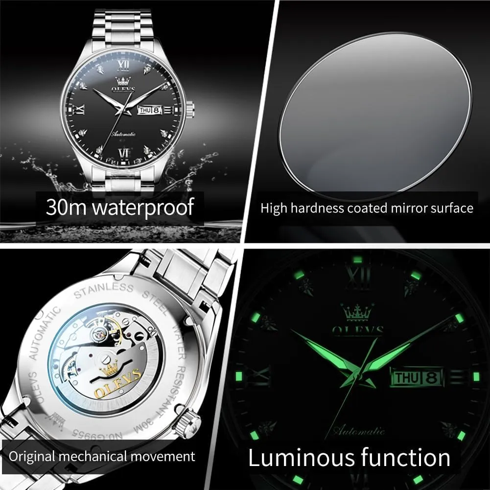 Self Winding Mechanical Wristwatch Luxury Business Stainless Steel Luminous Waterproof celebrity noteworthy chocolate Calendar Watch OLEVS Automatic Watches for Men 
