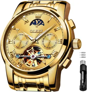 Self Winding Moon Phase Chronograph Stainless cop farmhand Steel Luminous Date Tourbillon Wristwatch for Men OLEVS Men's Automatic Mechanical Watches Luxury Dress Waterproof 