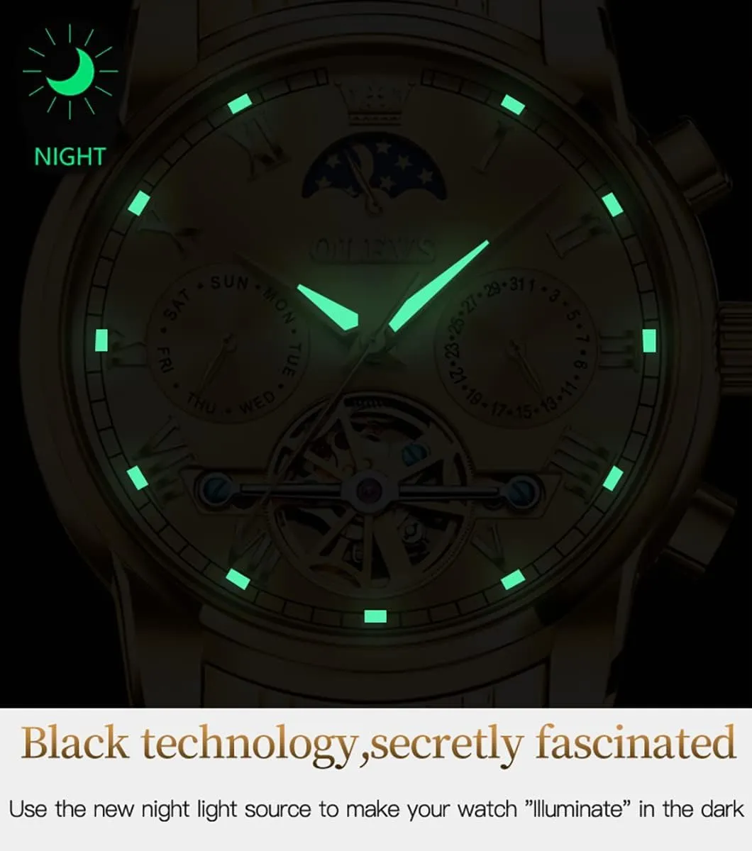 Self Winding Moon Phase Chronograph Stainless cop farmhand Steel Luminous Date Tourbillon Wristwatch for Men OLEVS Men's Automatic Mechanical Watches Luxury Dress Waterproof 