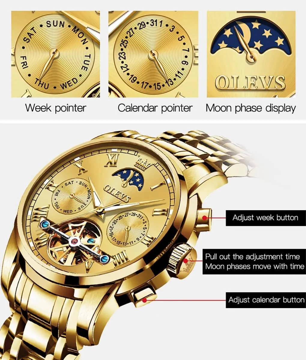 Self Winding Moon Phase Chronograph Stainless cop farmhand Steel Luminous Date Tourbillon Wristwatch for Men OLEVS Men's Automatic Mechanical Watches Luxury Dress Waterproof 