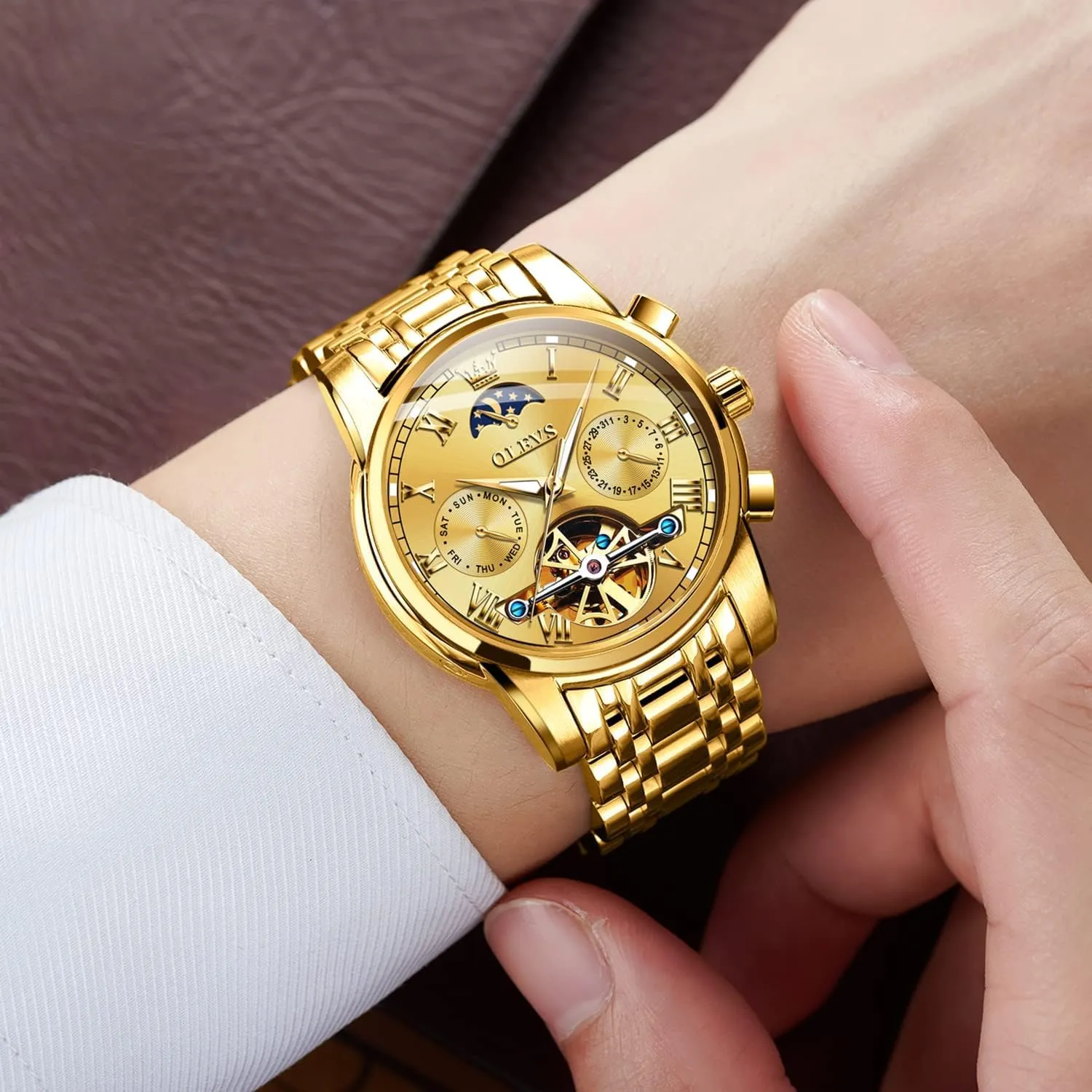 Self Winding Moon Phase Chronograph Stainless cop farmhand Steel Luminous Date Tourbillon Wristwatch for Men OLEVS Men's Automatic Mechanical Watches Luxury Dress Waterproof 