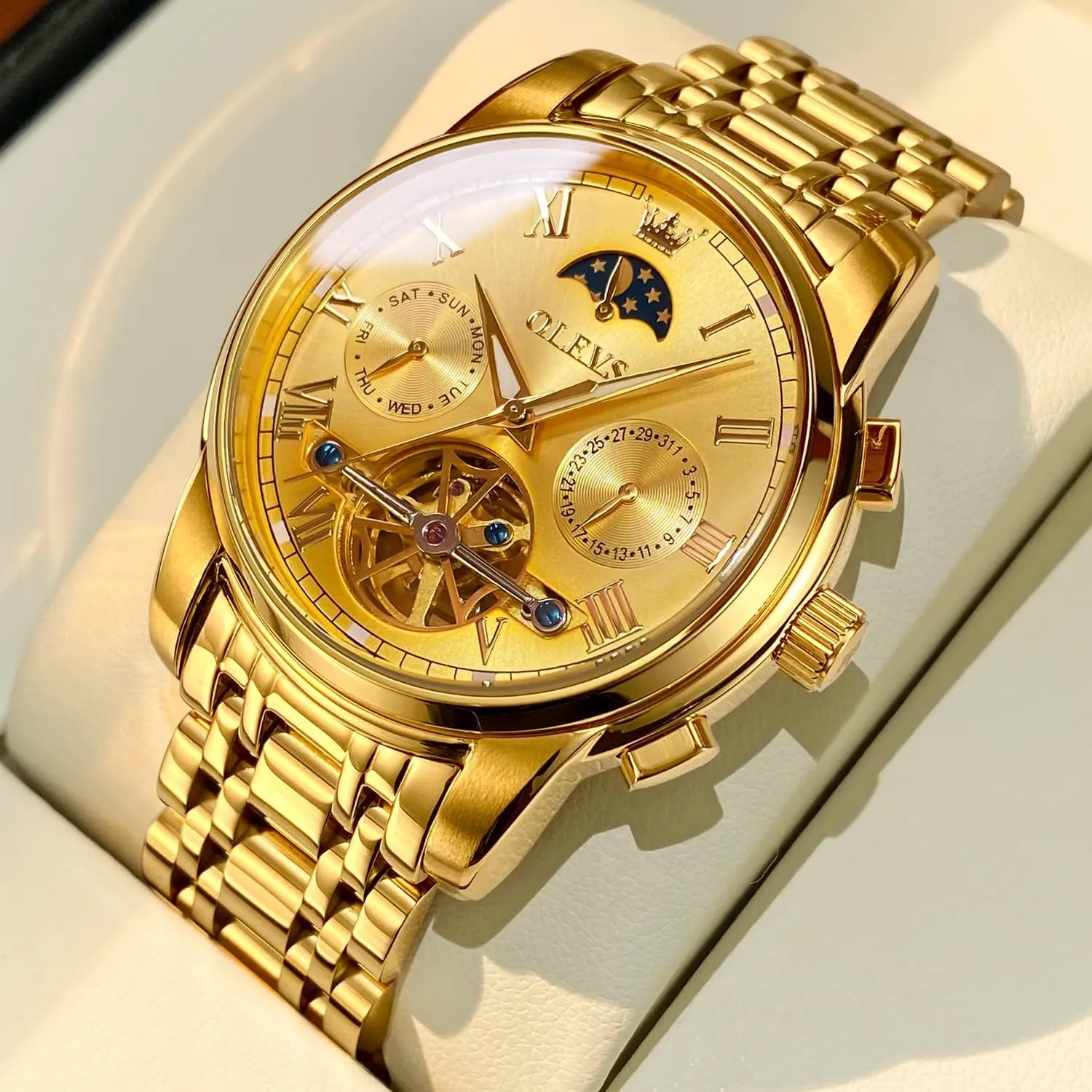 Self Winding Moon Phase Chronograph Stainless cop farmhand Steel Luminous Date Tourbillon Wristwatch for Men OLEVS Men's Automatic Mechanical Watches Luxury Dress Waterproof 