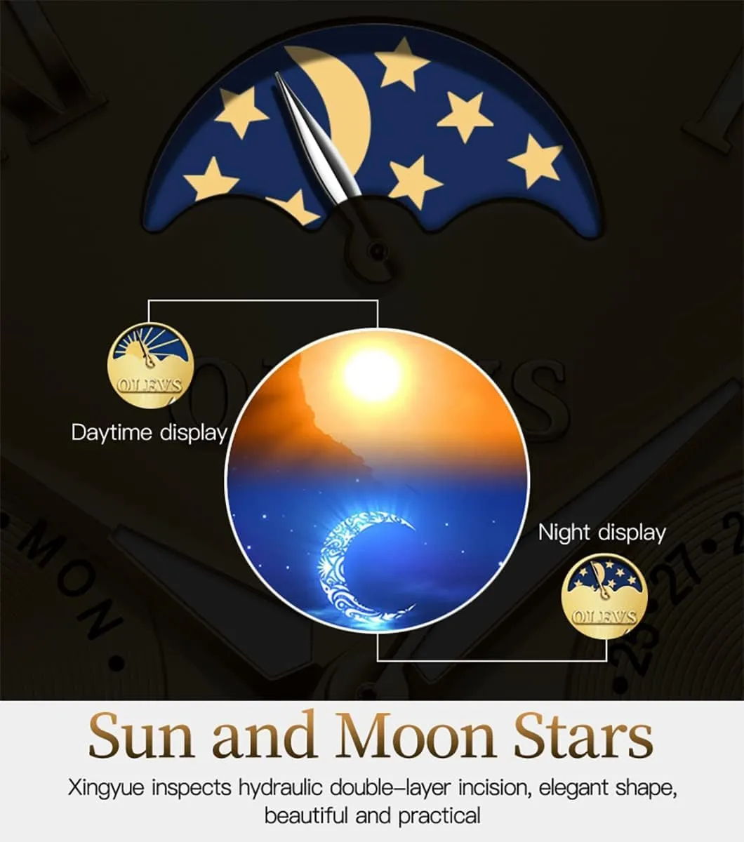 Self Winding Moon Phase Chronograph Stainless cop farmhand Steel Luminous Date Tourbillon Wristwatch for Men OLEVS Men's Automatic Mechanical Watches Luxury Dress Waterproof 