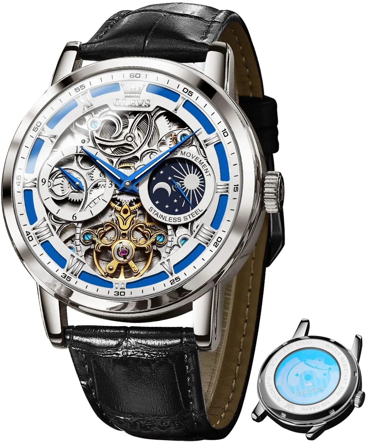Self Winding Tourbillon Leather Strap Luxury Dress Moon Phase Wrist Watches Waterproof Luminous OLEVS Skeleton Watches for hyper decent Mens Automatic Mechanical 