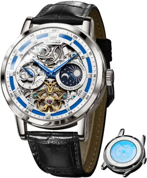 Self Winding Tourbillon Leather Strap Luxury Dress Moon Phase Wrist Watches Waterproof Luminous OLEVS Skeleton Watches for hyper decent Mens Automatic Mechanical 
