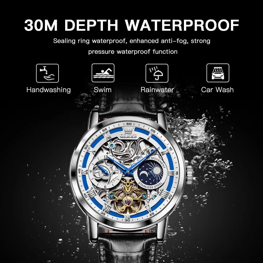 Self Winding Tourbillon Leather Strap Luxury Dress Moon Phase Wrist Watches Waterproof Luminous OLEVS Skeleton Watches for hyper decent Mens Automatic Mechanical 
