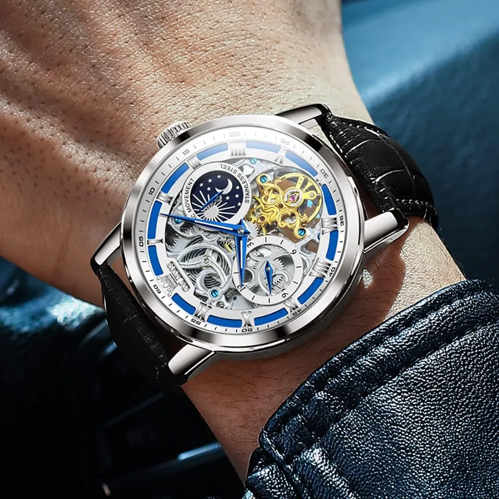 Self Winding Tourbillon Leather Strap Luxury Dress Moon Phase Wrist Watches Waterproof Luminous OLEVS Skeleton Watches for hyper decent Mens Automatic Mechanical 