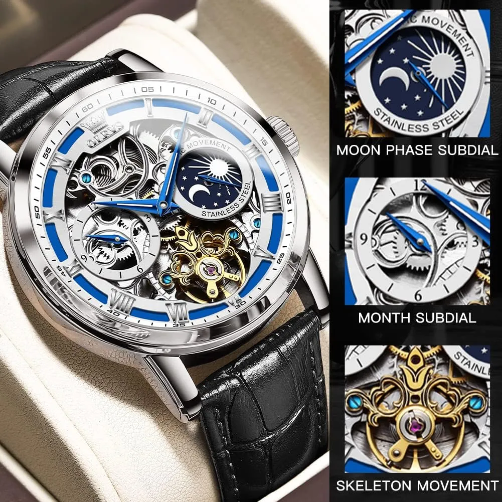 Self Winding Tourbillon Leather Strap Luxury Dress Moon Phase Wrist Watches Waterproof Luminous OLEVS Skeleton Watches for hyper decent Mens Automatic Mechanical 